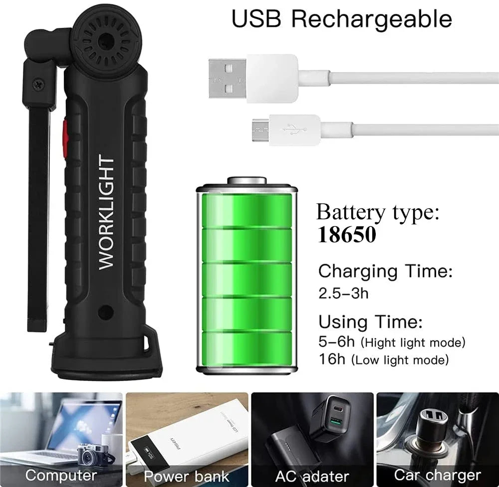 Portable COB LED Flashlight – USB Rechargeable Magnetic Work & Camping Lantern